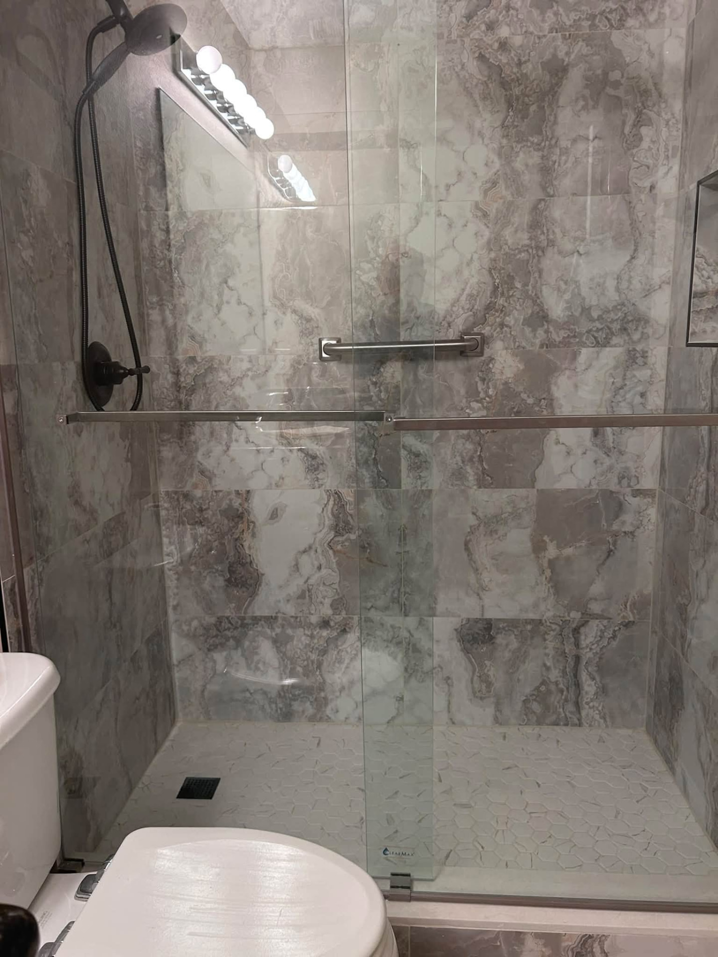 Marble-look tile shower