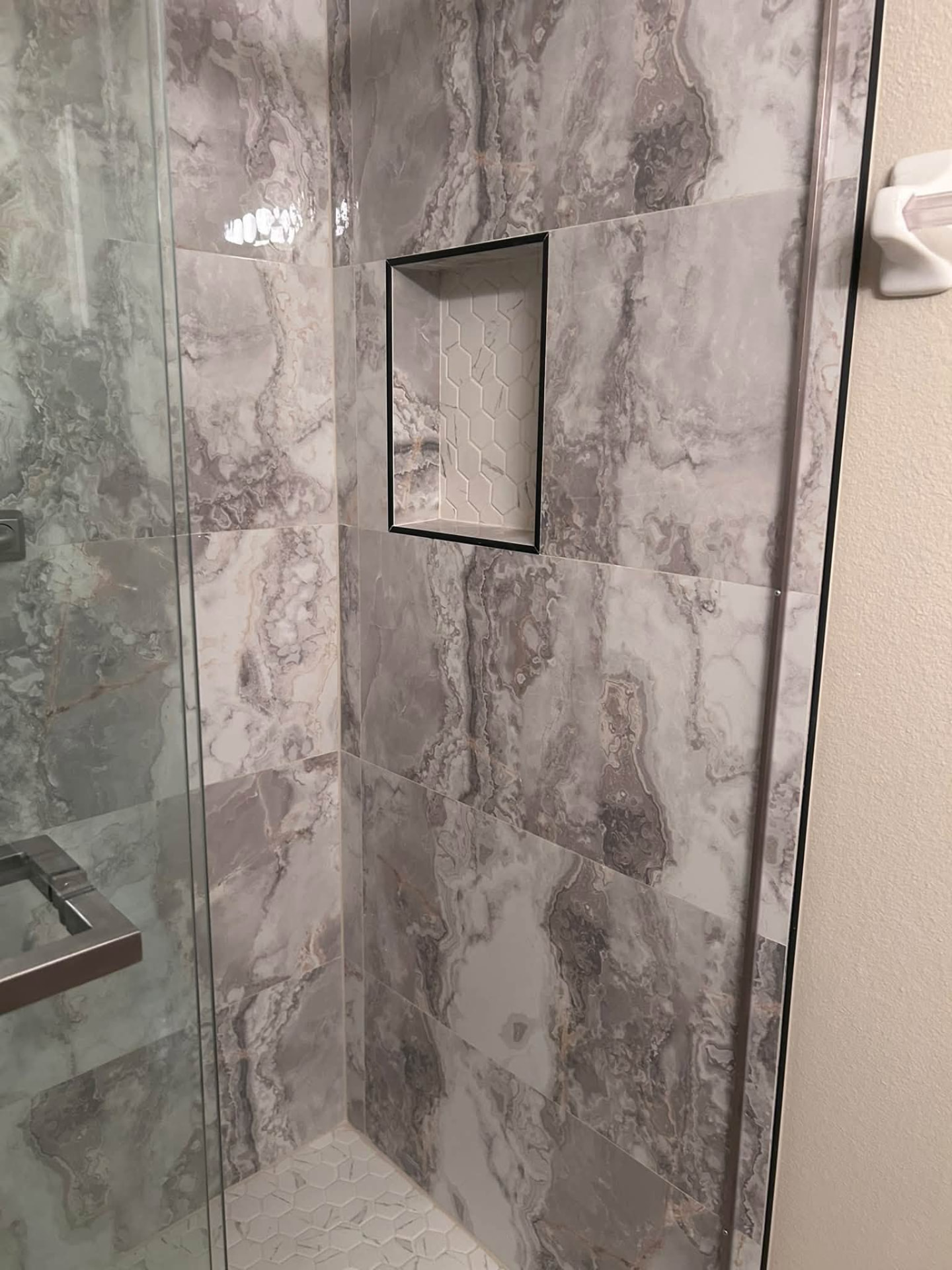 Marble-look tile shower